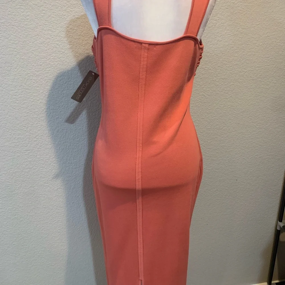 Elegant Coral Twist-Front Midi Dress | Sleeveless Bodycon Cocktail Dress - NWT - Picture 4 of 6